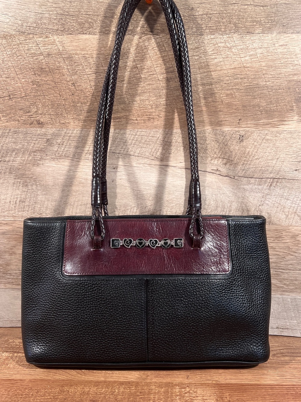 Brighton‎ Black & Brown Leather Shoulder Bag Braided Straps Heart Hardware
